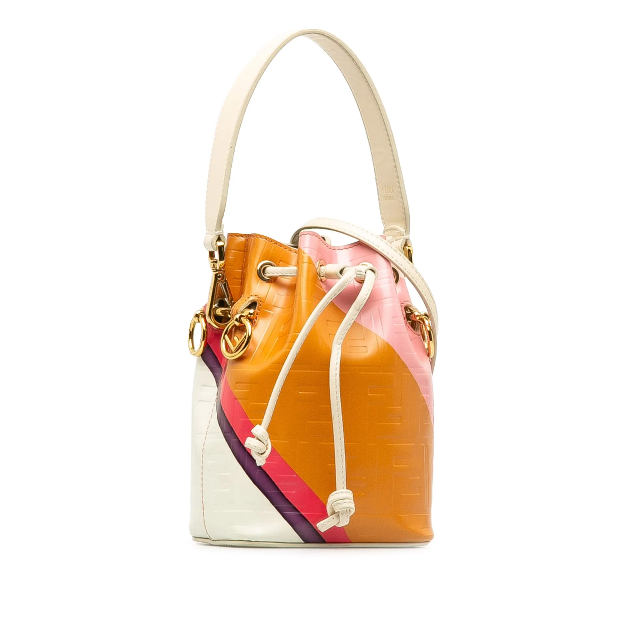 Tan Fendi FF Embossed Striped Mini Mon Tresor Bucket Bag