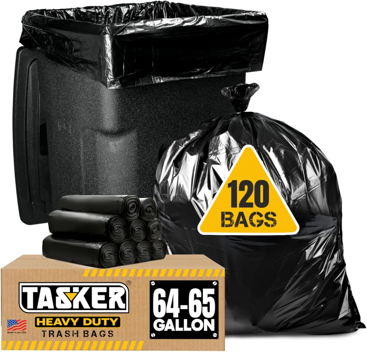 Tasker 65 Gallon Trash Bags, (Huge 120 Bags Bulk) Large Trash Bags 65 Gallon, 64 Gallon Trash Can Liners, 60 Gallon Garbage Bags
