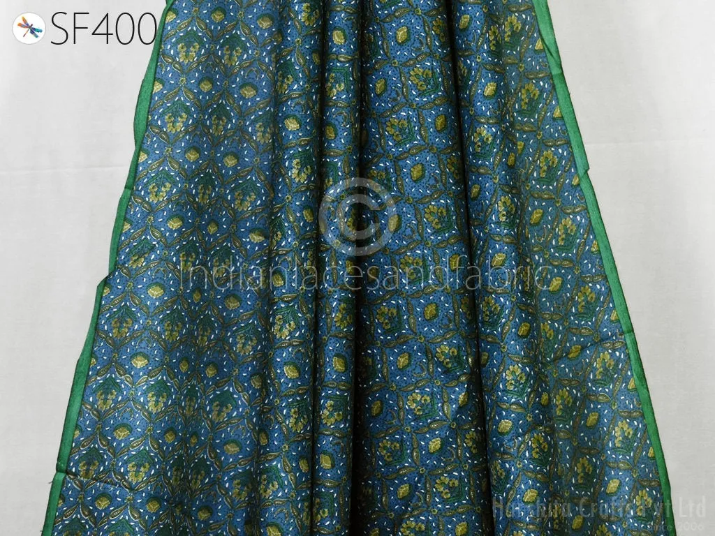 Teal Indian Soft Pure Printed Silk Saree Fabric by the yard Wedding Dress Bridesmaids Costumes Party Dress Pillows Cushion Covers Drapery