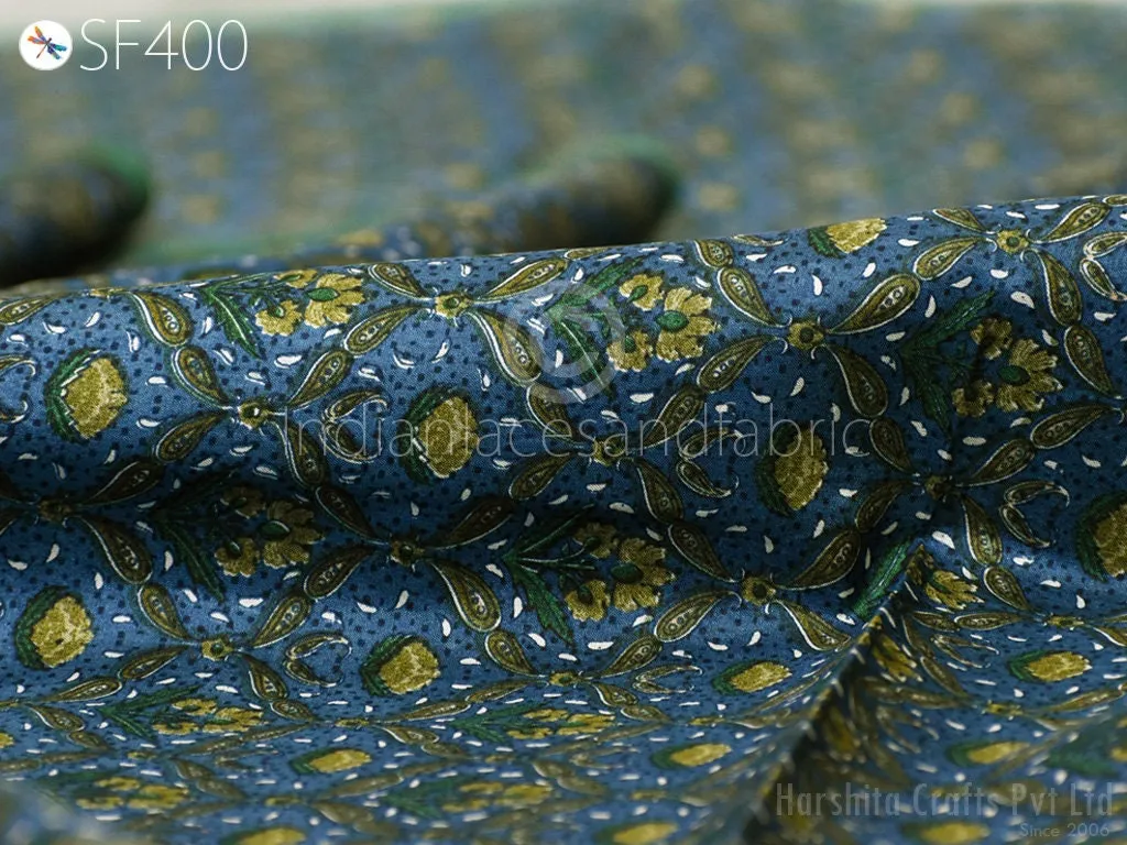 Teal Indian Soft Pure Printed Silk Saree Fabric by the yard Wedding Dress Bridesmaids Costumes Party Dress Pillows Cushion Covers Drapery