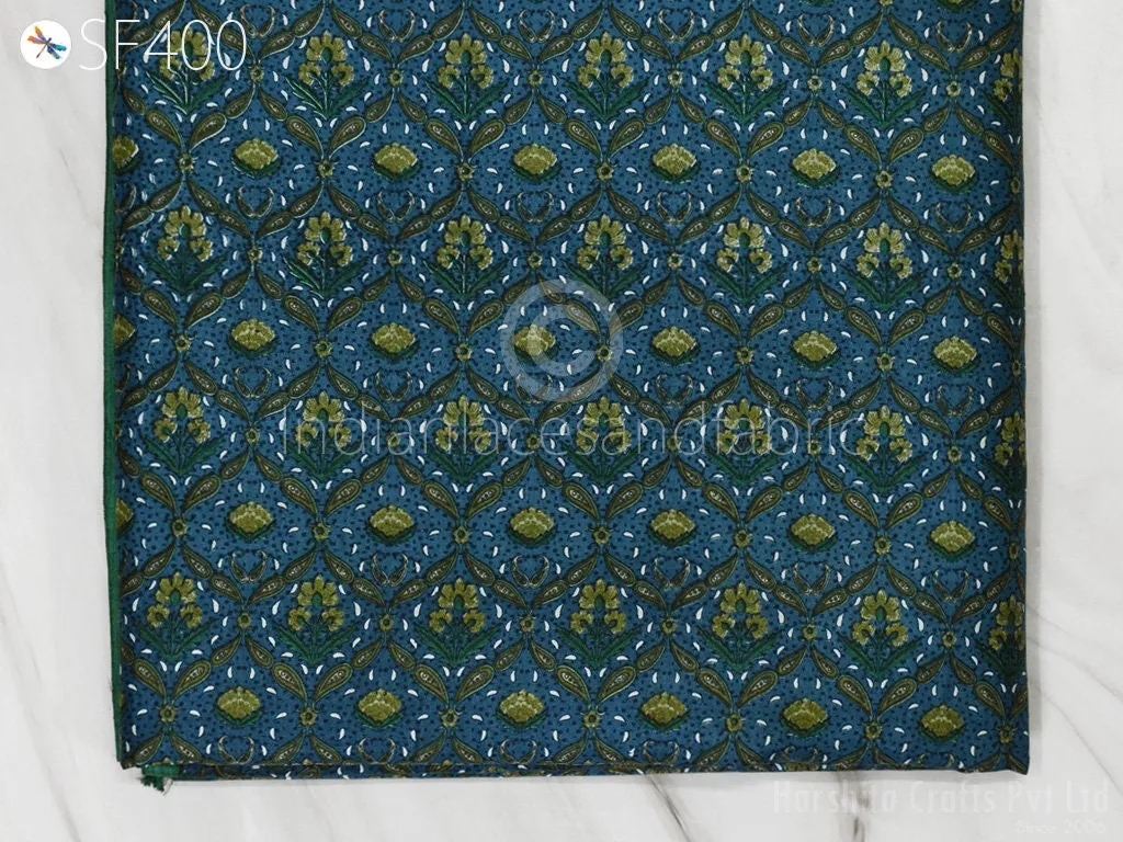 Teal Indian Soft Pure Printed Silk Saree Fabric by the yard Wedding Dress Bridesmaids Costumes Party Dress Pillows Cushion Covers Drapery