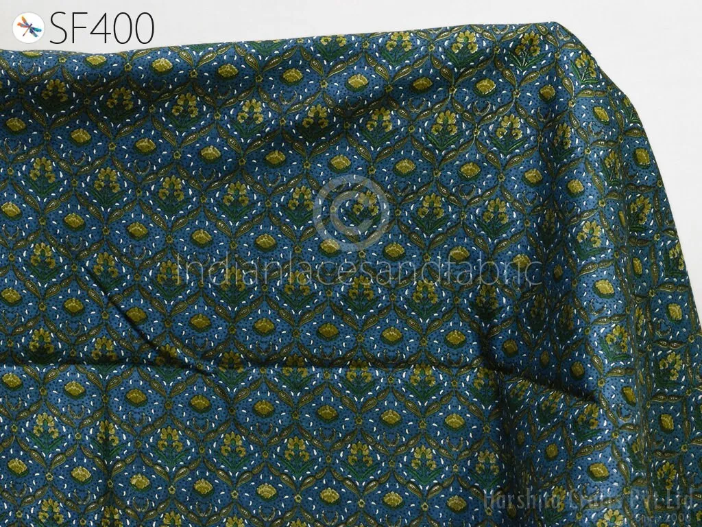 Teal Indian Soft Pure Printed Silk Saree Fabric by the yard Wedding Dress Bridesmaids Costumes Party Dress Pillows Cushion Covers Drapery