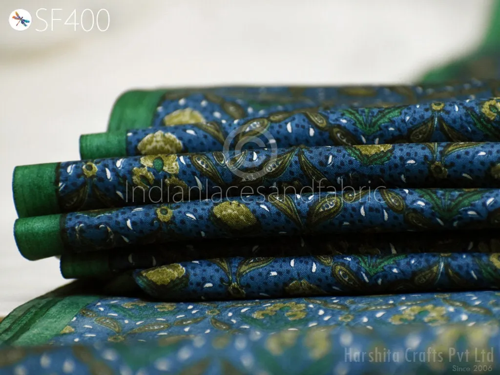 Teal Indian Soft Pure Printed Silk Saree Fabric by the yard Wedding Dress Bridesmaids Costumes Party Dress Pillows Cushion Covers Drapery