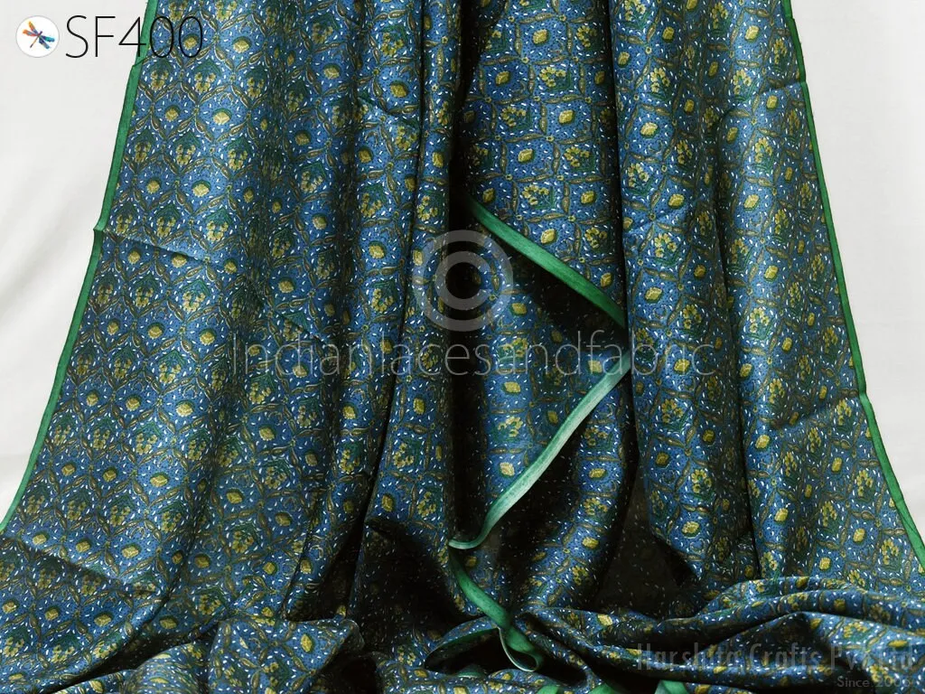 Teal Indian Soft Pure Printed Silk Saree Fabric by the yard Wedding Dress Bridesmaids Costumes Party Dress Pillows Cushion Covers Drapery