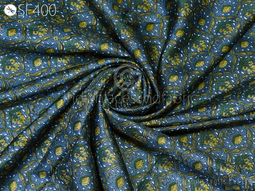 Teal Indian Soft Pure Printed Silk Saree Fabric by the yard Wedding Dress Bridesmaids Costumes Party Dress Pillows Cushion Covers Drapery