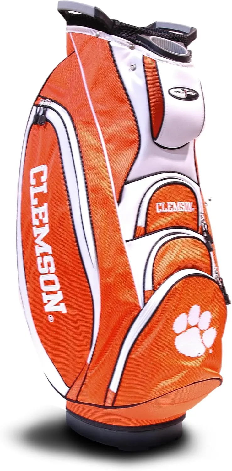 Team Golf NCAA Clemson Tigers Victory Golf Cart Bag, 10-way Top with Integrated Dual Handle & External Putter Well, Cooler Pocket, Padded Strap, Umbrella Holder & Removable Rain Hood