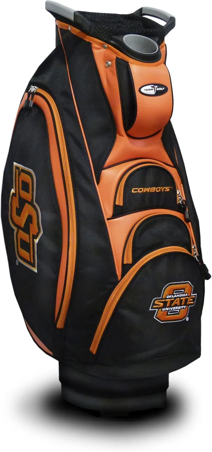 Team Golf NCAA Oklahoma State Cowboys Victory Golf Cart Bag, 10-way Top with Integrated Dual Handle & External Putter Well, Cooler Pocket, Padded Strap, Umbrella Holder & Removable Rain Hood
