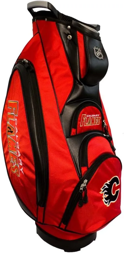 Team Golf NHL Calgary Flames Victory Golf Cart Bag, 10-way Top with Integrated Dual Handle & External Putter Well, Cooler Pocket, Padded Strap, Umbrella Holder & Removable Rain Hood