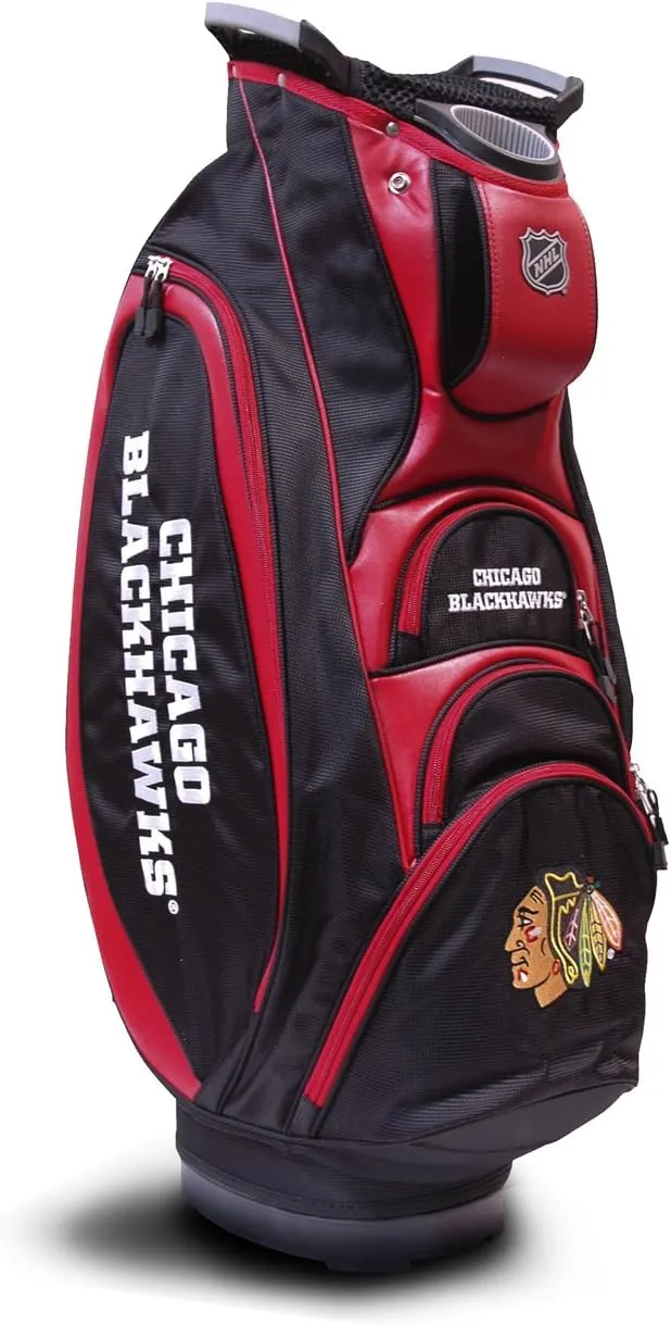 Team Golf NHL Chicago Blackhawks Victory Golf Cart Bag, 10-way Top with Integrated Dual Handle & External Putter Well, Cooler Pocket, Padded Strap, Umbrella Holder & Removable Rain Hood