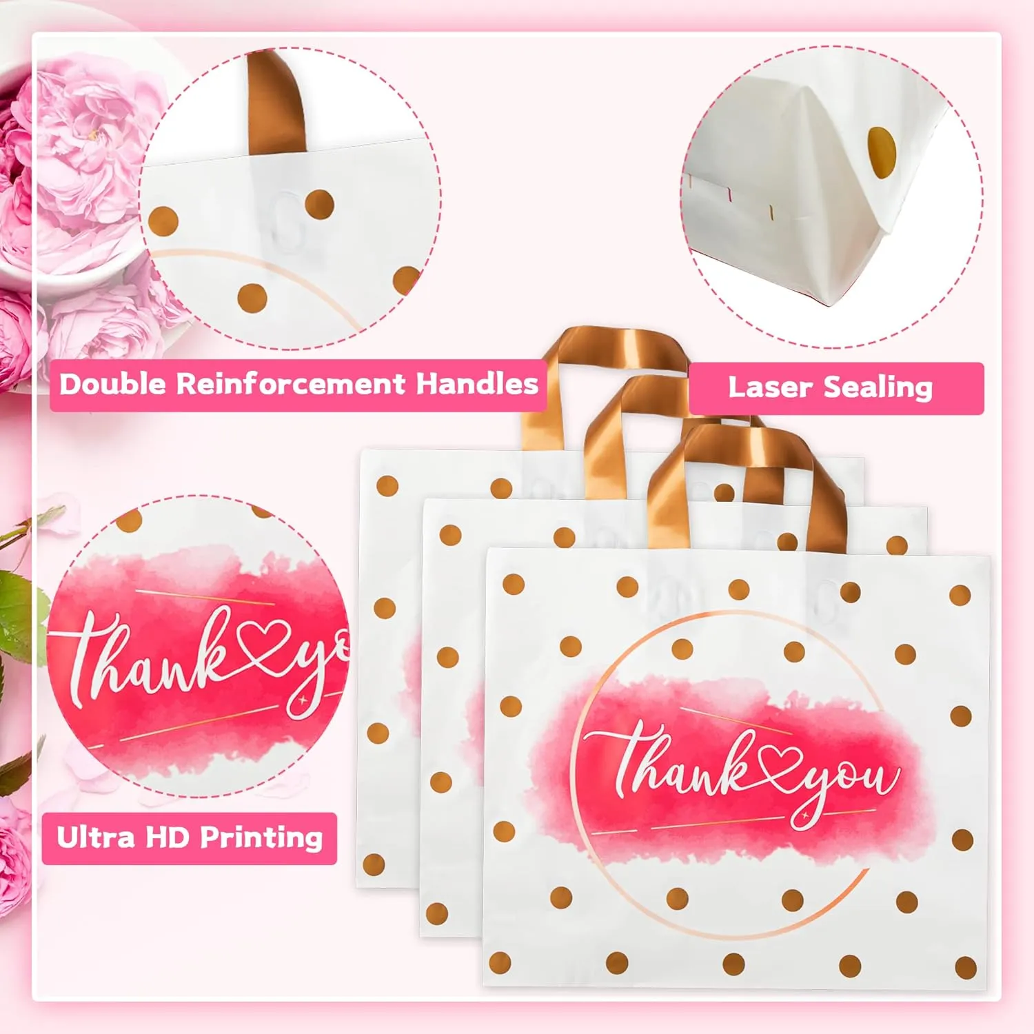 Thank You Bags - 50 Pack Extra Thick Plastic Shopping Bags for Small Business, Boutique, Office, Party (10X12 IN)