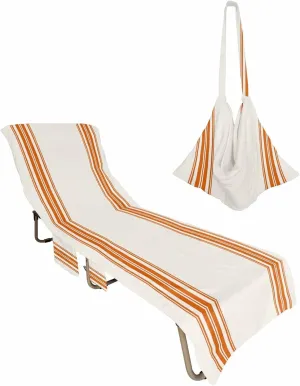 Thanksgiving Orange Stripe Chaise Lounger Cover with Pockets, Pool Lounge Chair Covers 85"x29", Autumn Farmhouse Burlap Microfiber Beach Chair Cover for Outdoor Patio Sunbathing