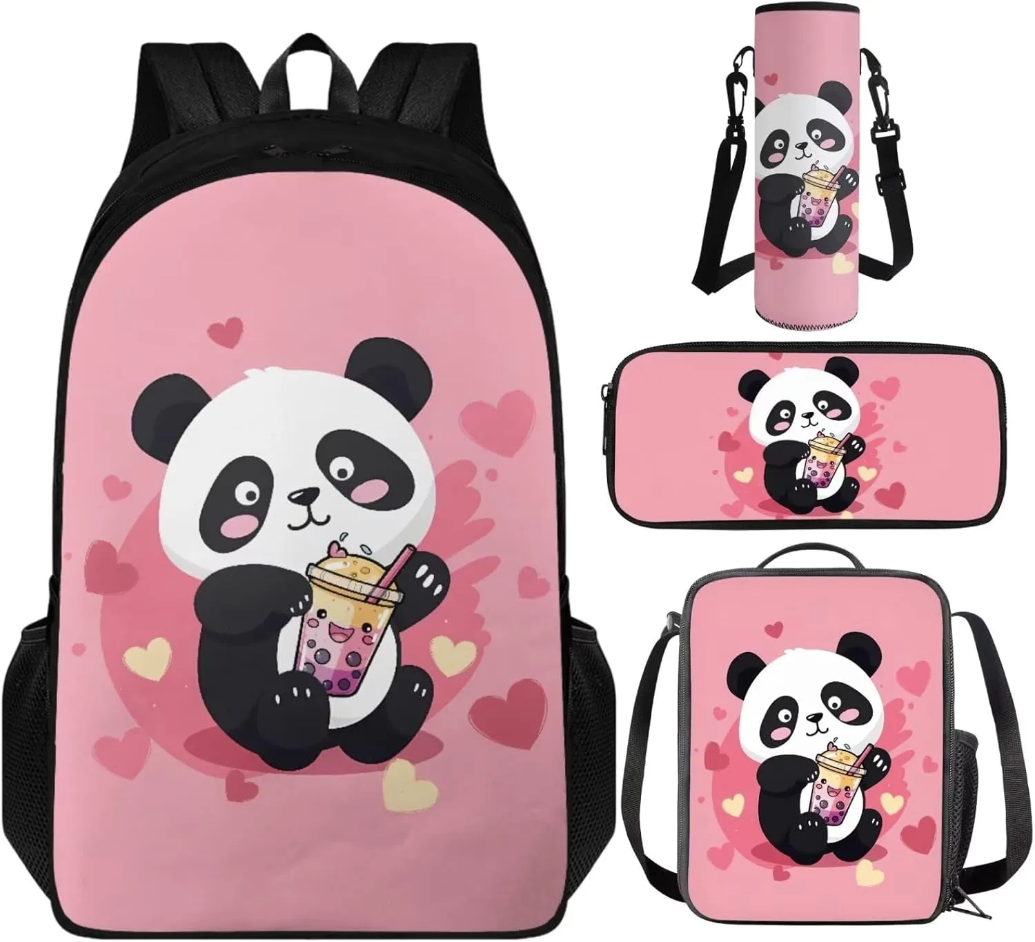 TOADDITDO Panda Bookbag Set for Preschool Girls 4-Piece Backpack Set with Lunch Box Pencil Bag Water Bottle Cover Toddler Cute School Bags Large Capacity Travel Shoulder Bag Daypack Mochila De NiñA