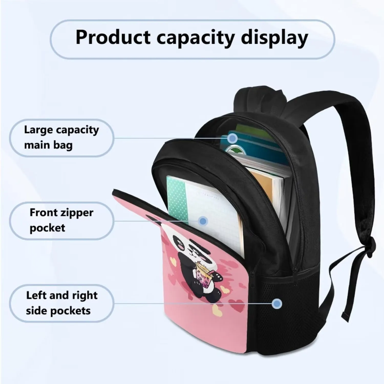 TOADDITDO Panda Bookbag Set for Preschool Girls 4-Piece Backpack Set with Lunch Box Pencil Bag Water Bottle Cover Toddler Cute School Bags Large Capacity Travel Shoulder Bag Daypack Mochila De NiñA
