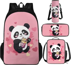 TOADDITDO Panda Bookbag Set for Preschool Girls 4-Piece Backpack Set with Lunch Box Pencil Bag Water Bottle Cover Toddler Cute School Bags Large Capacity Travel Shoulder Bag Daypack Mochila De NiñA