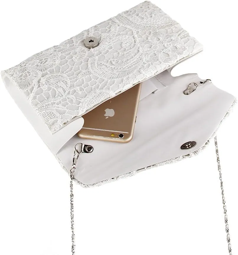 TOPCHANCES Womens Evening Clutch Ladies Floral Lace Envelope Handbags Wedding Bridal Purse Bag (White)