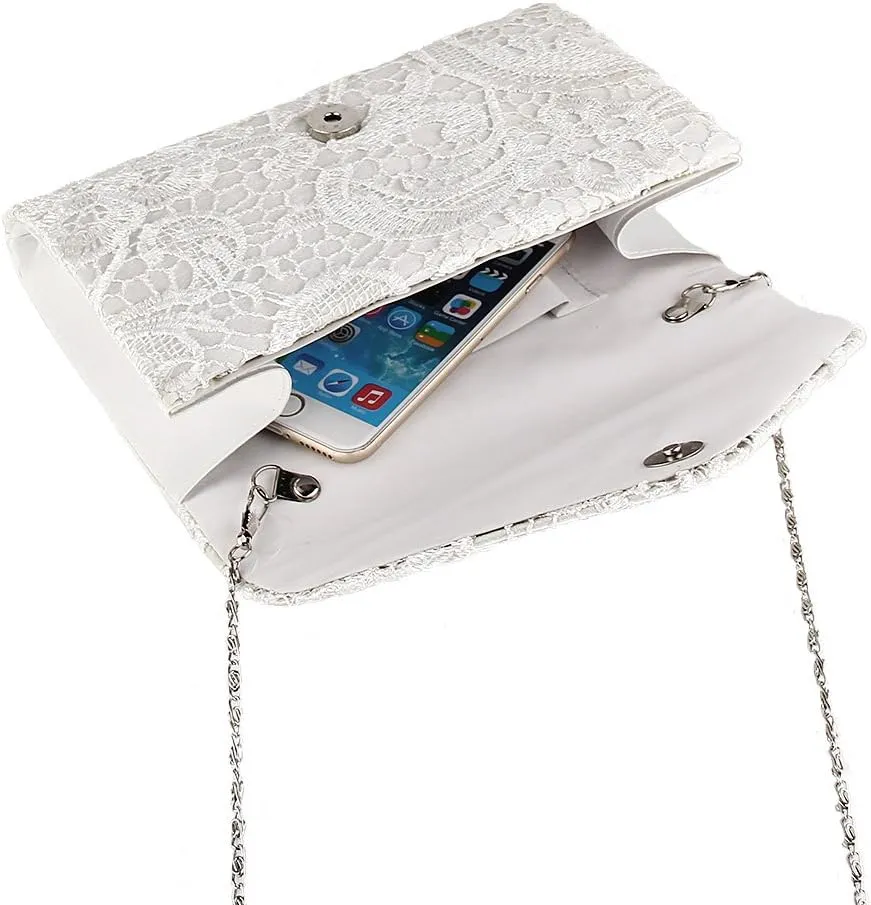 TOPCHANCES Womens Evening Clutch Ladies Floral Lace Envelope Handbags Wedding Bridal Purse Bag (White)