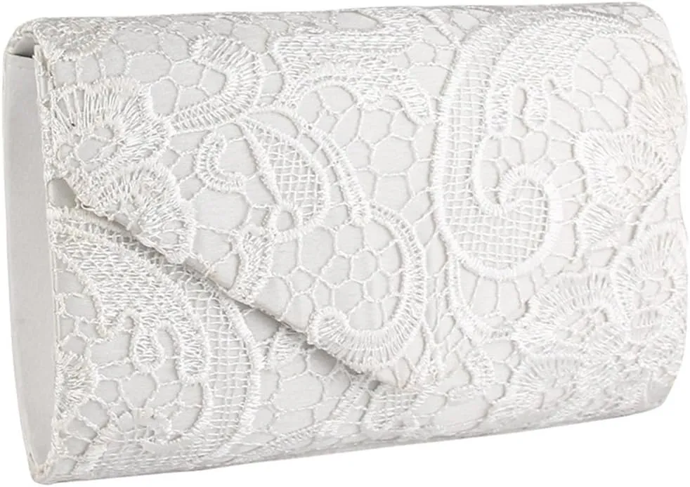 TOPCHANCES Womens Evening Clutch Ladies Floral Lace Envelope Handbags Wedding Bridal Purse Bag (White)