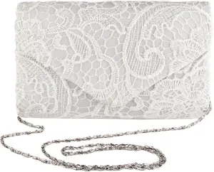 TOPCHANCES Womens Evening Clutch Ladies Floral Lace Envelope Handbags Wedding Bridal Purse Bag (White)
