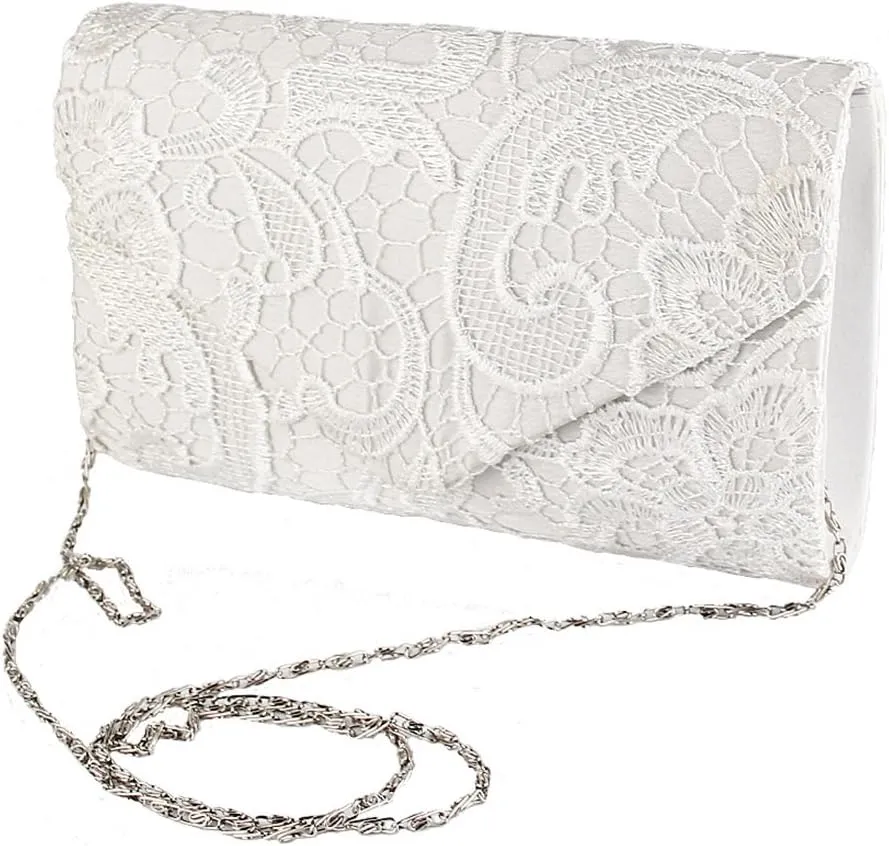 TOPCHANCES Womens Evening Clutch Ladies Floral Lace Envelope Handbags Wedding Bridal Purse Bag (White)