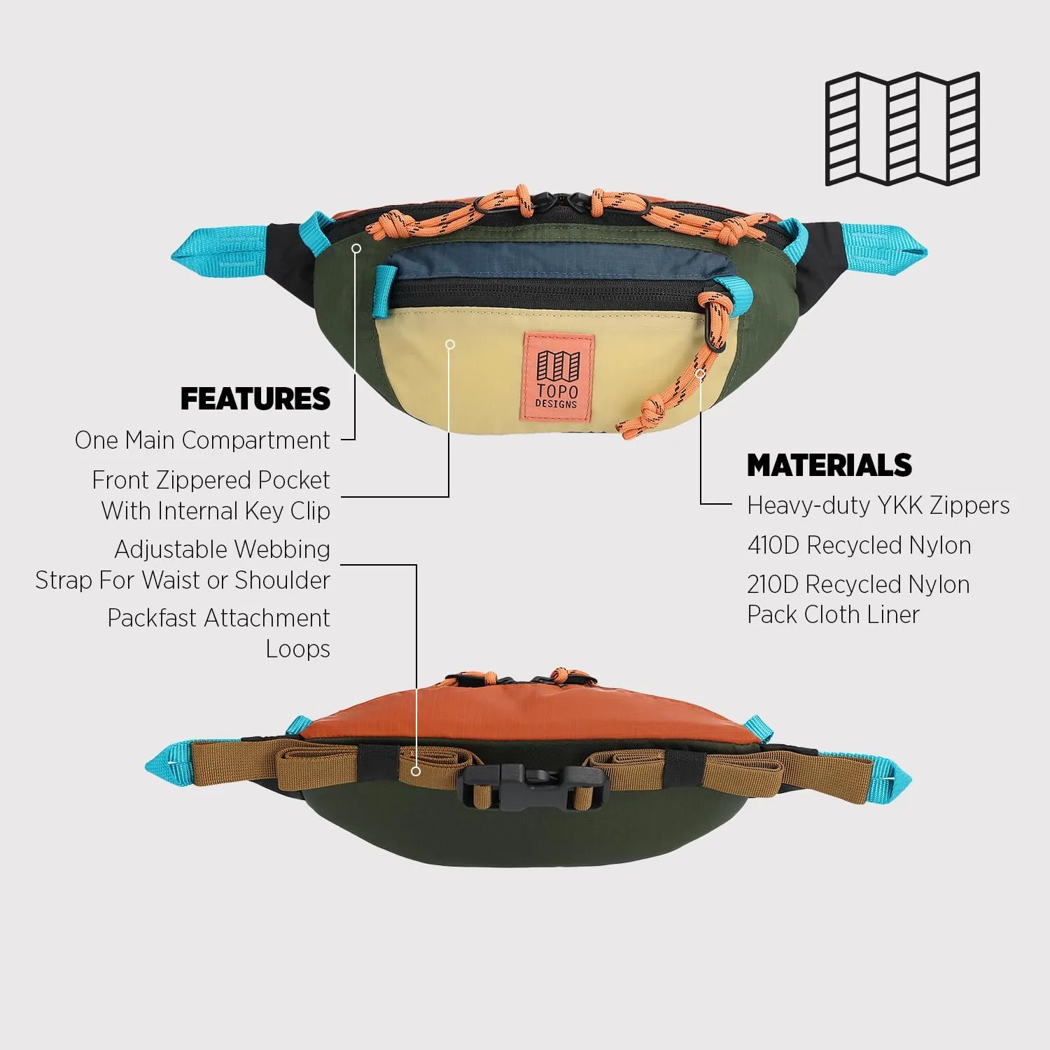 Topo Designs Mountain Waist Pack, Hip Bag, 100% Recycled Nylon Construction, 2L capacity, YKK Zips