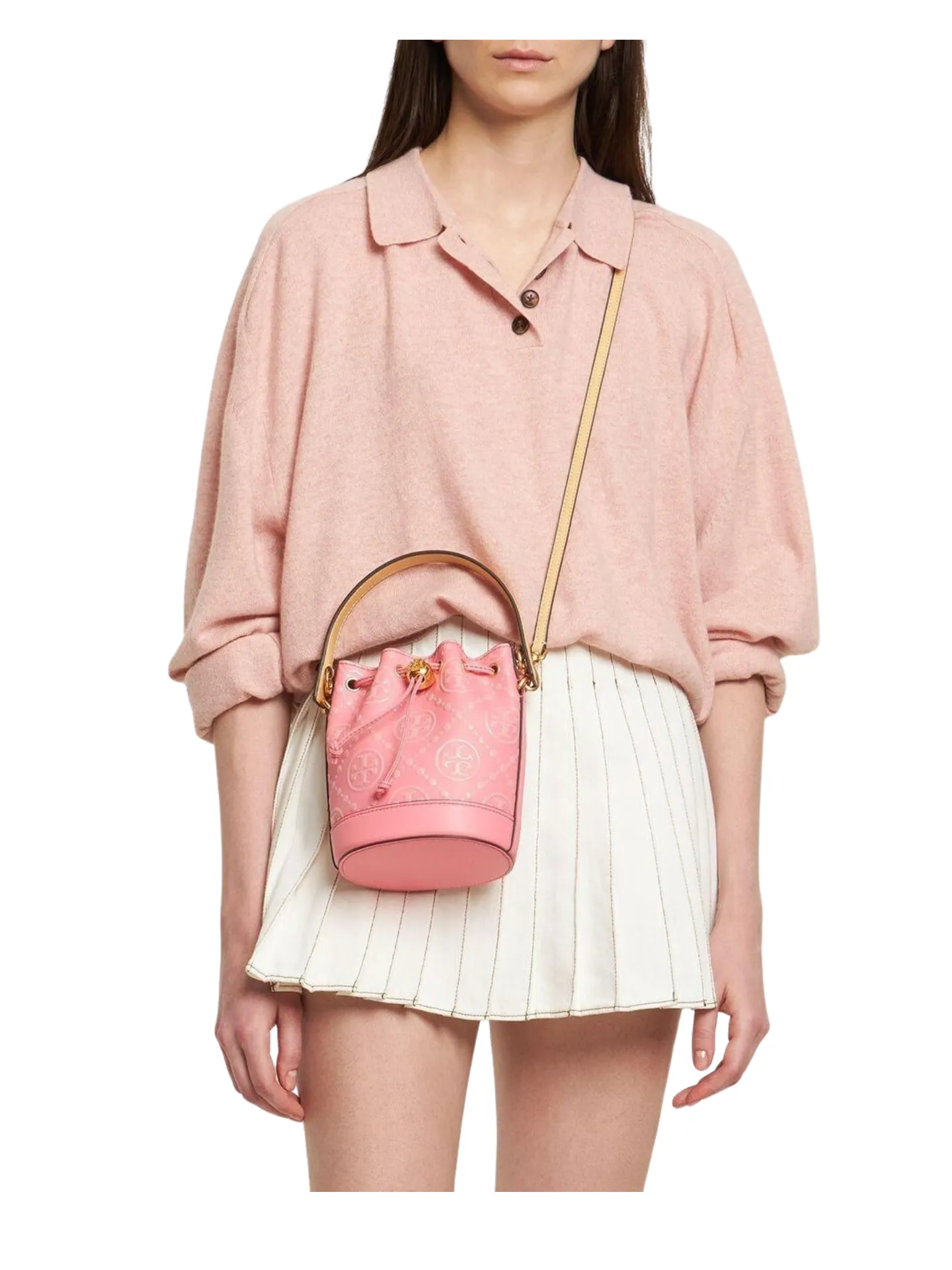 Tory Burch T Monogram Contrast Embossed Mini Bucket Rose Pink Multi