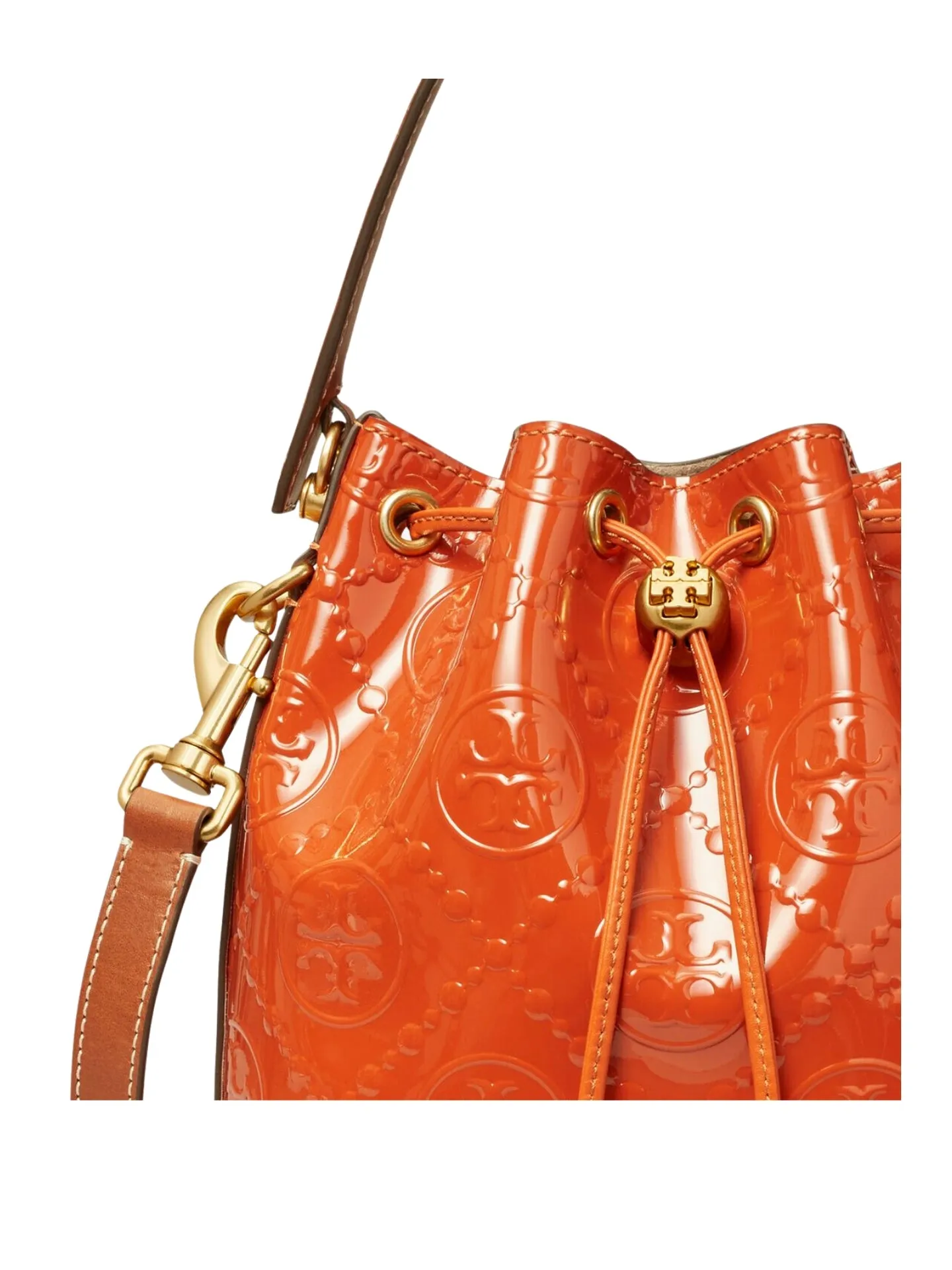 Tory Burch T Monogram Patent Embossed Bucket Bag Spring Spice