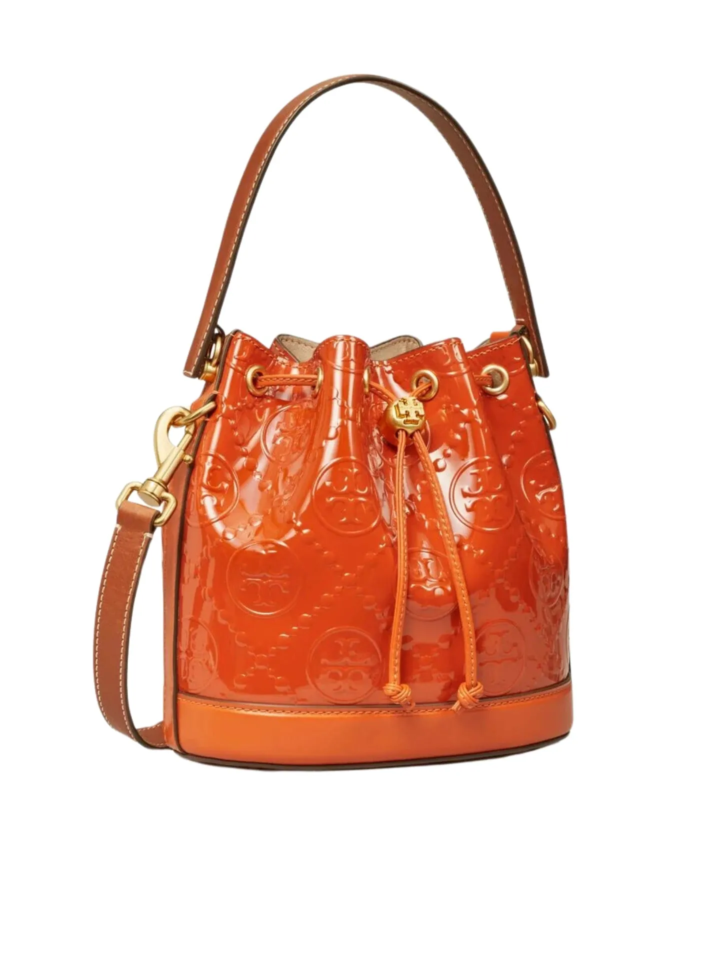 Tory Burch T Monogram Patent Embossed Bucket Bag Spring Spice