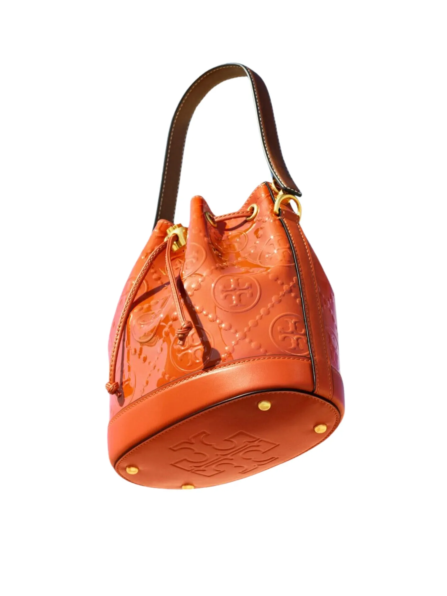 Tory Burch T Monogram Patent Embossed Bucket Bag Spring Spice
