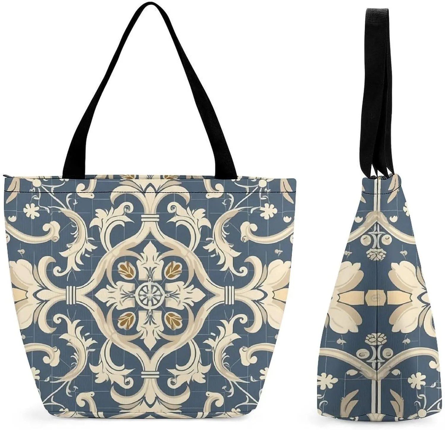 Tote Bag for Women Grocery Bag Blue Pattern Foldable Shopping Bags Reusable Large Tote Bag