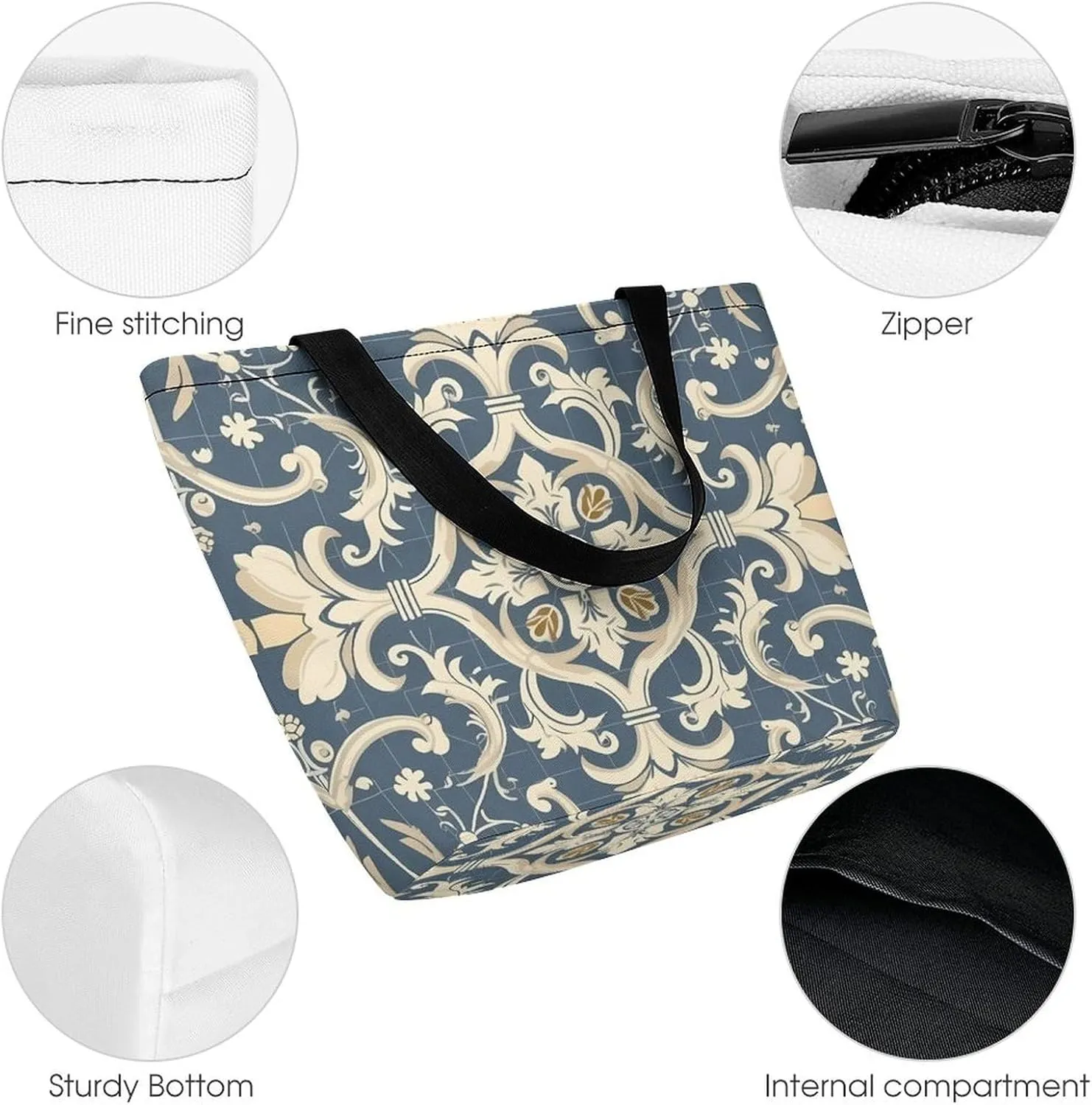 Tote Bag for Women Grocery Bag Blue Pattern Foldable Shopping Bags Reusable Large Tote Bag