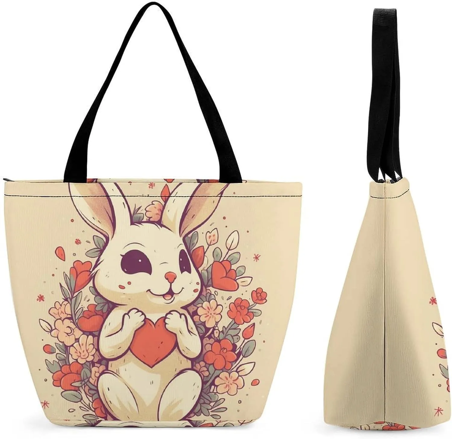 Tote Bag for Women Grocery Bag Rabbit Holding Heart Foldable Shopping Bags Reusable Large Tote Bag