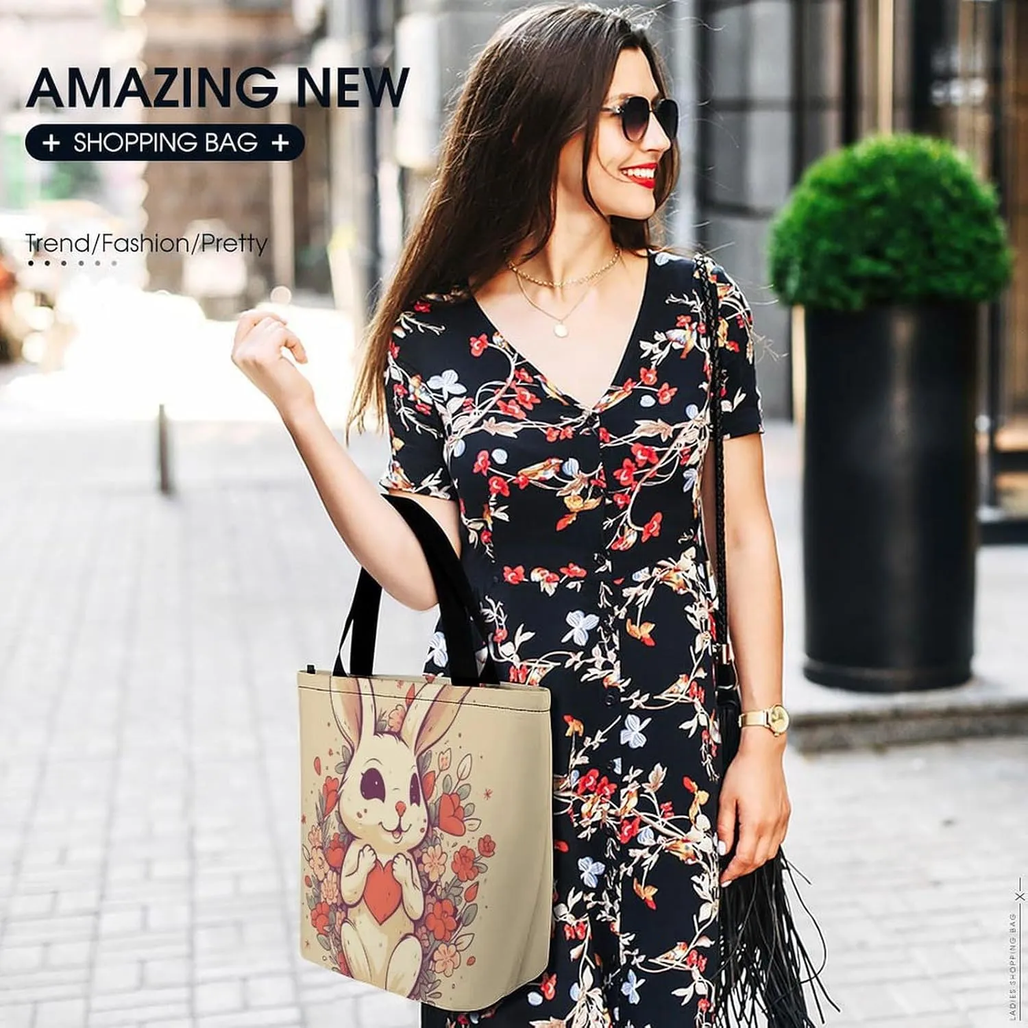 Tote Bag for Women Grocery Bag Rabbit Holding Heart Foldable Shopping Bags Reusable Large Tote Bag