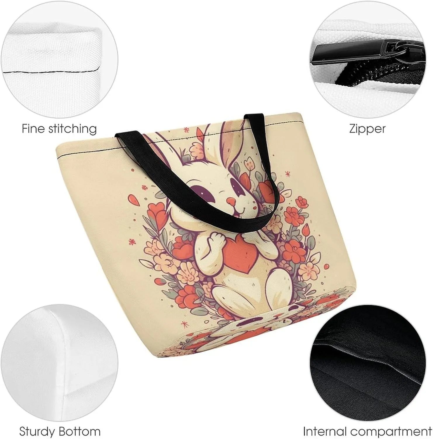Tote Bag for Women Grocery Bag Rabbit Holding Heart Foldable Shopping Bags Reusable Large Tote Bag