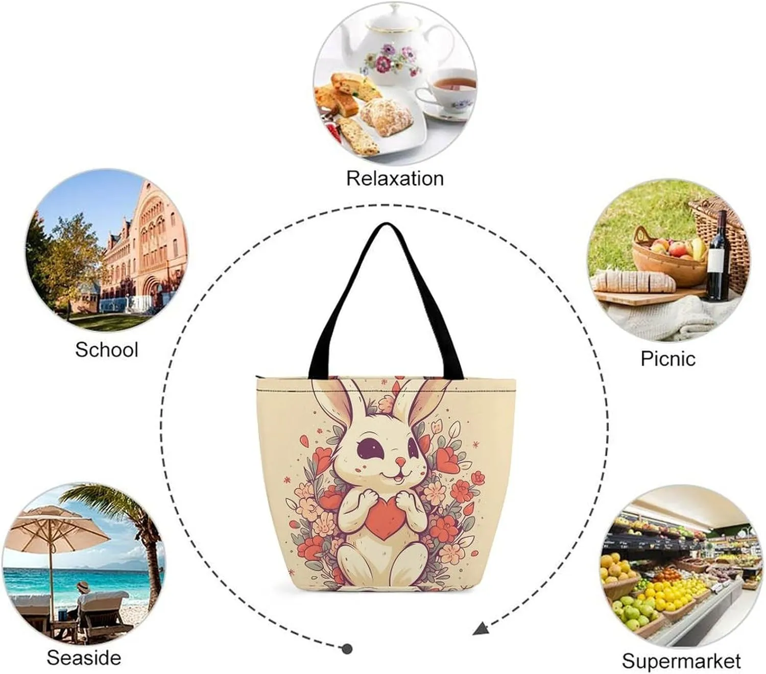 Tote Bag for Women Grocery Bag Rabbit Holding Heart Foldable Shopping Bags Reusable Large Tote Bag