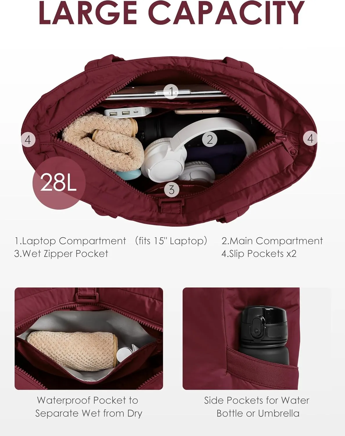 Tote Bag for Women,Puffer Travel Tote Bags with Zipper, Quilted Handbag with Compartments for Travel Work Sport,Wine Red