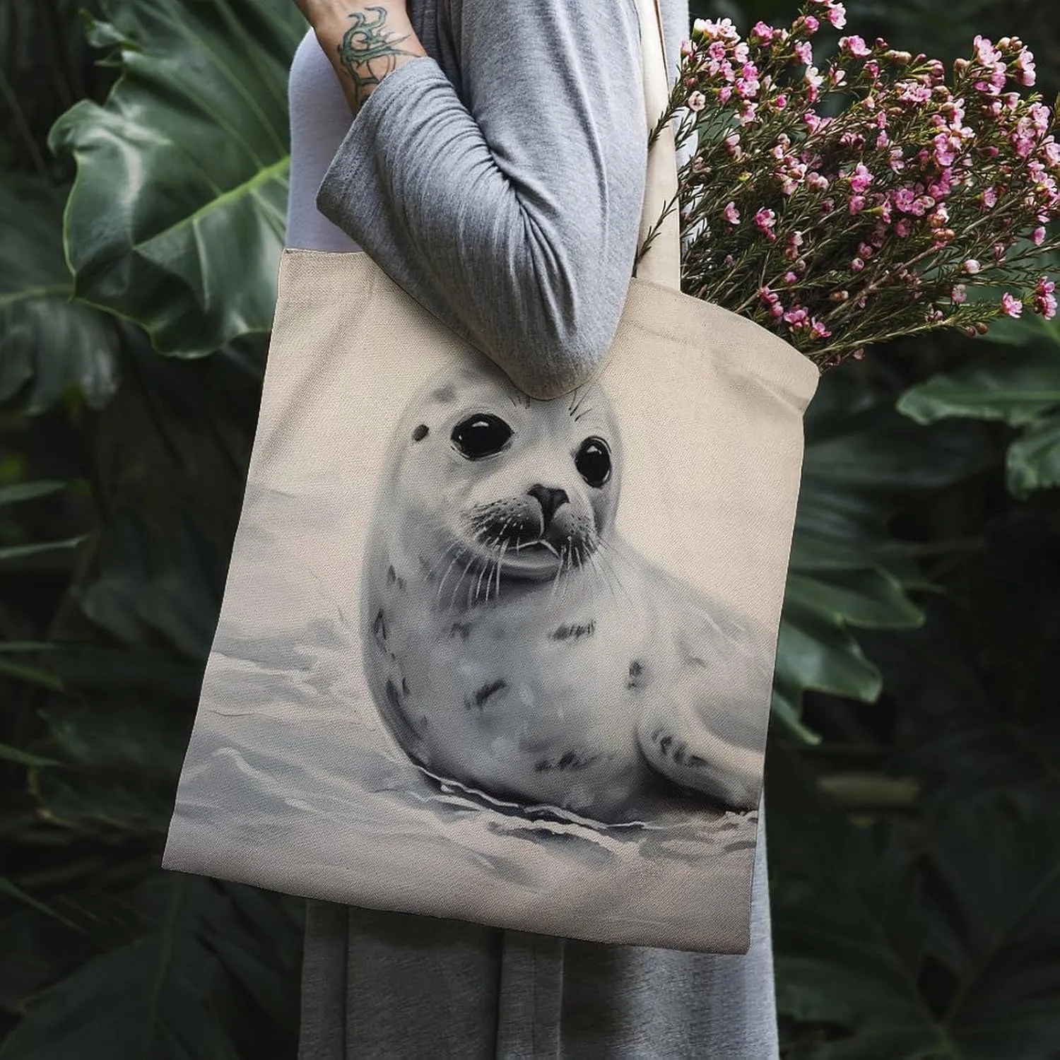 Tote Bag Laptop Handbag Gray Animals Grocery Bag Canvas Shoulder Bag Crossbody Bag for Travel