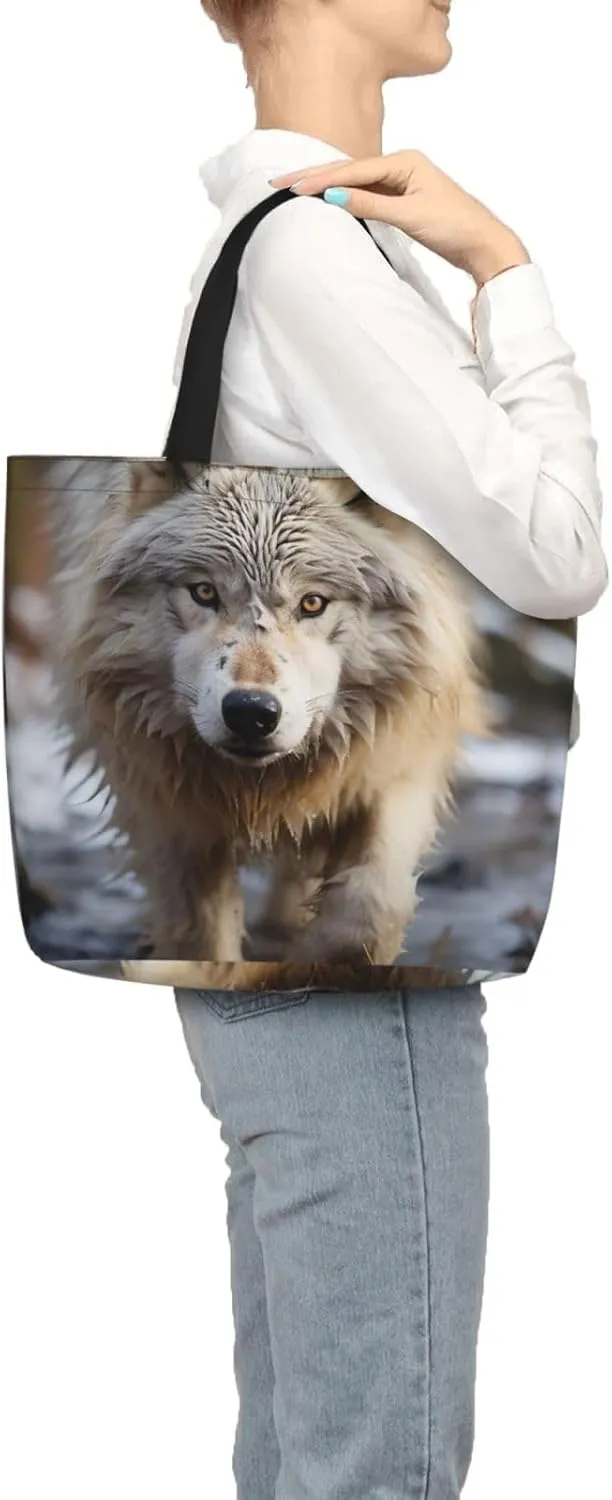 Tote Bag Large Capacity Grocery Bag With Zipper Wolf in Winter Shopping Bag Shoulder Bag for Women