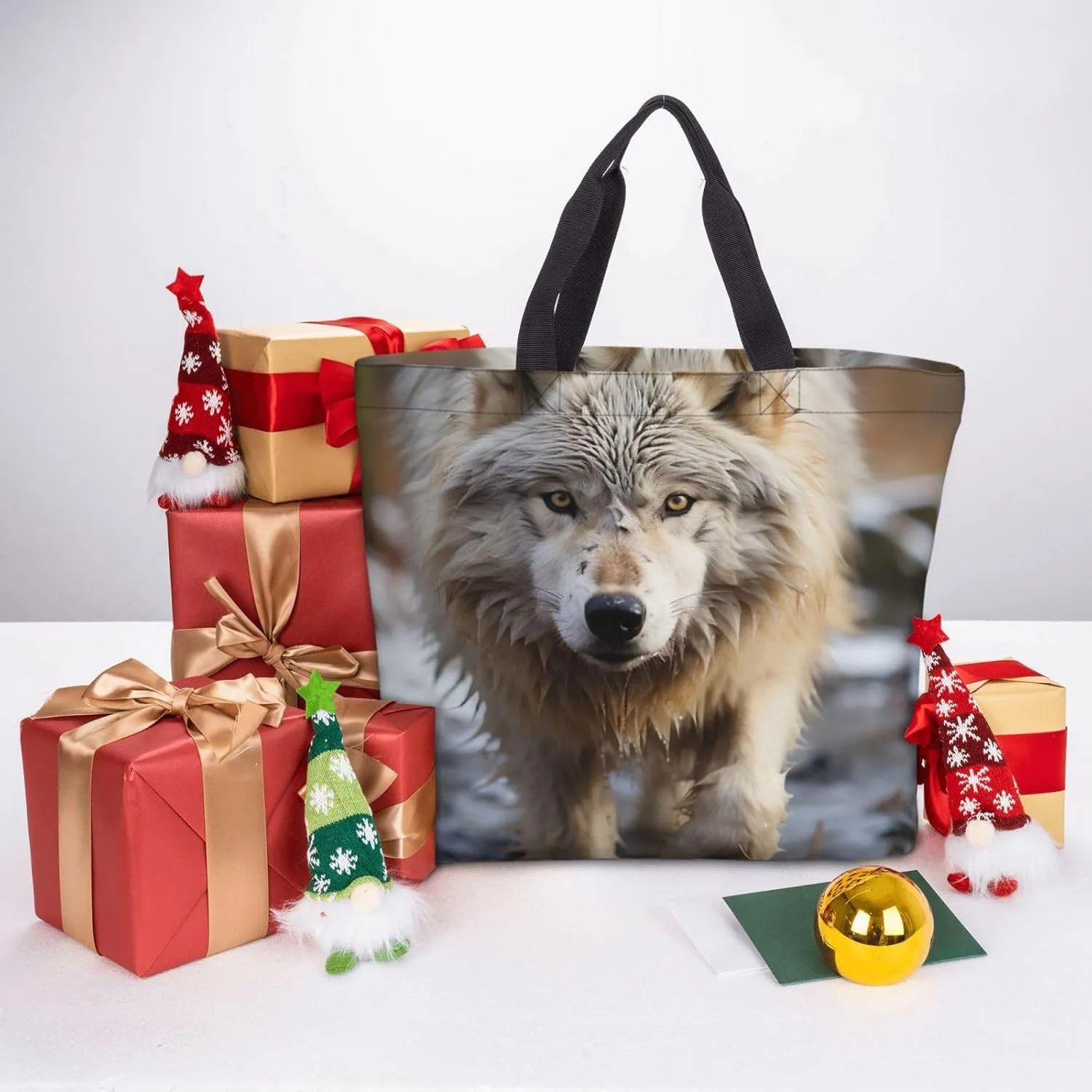 Tote Bag Large Capacity Grocery Bag With Zipper Wolf in Winter Shopping Bag Shoulder Bag for Women