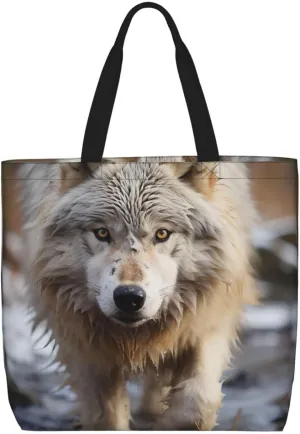 Tote Bag Large Capacity Grocery Bag With Zipper Wolf in Winter Shopping Bag Shoulder Bag for Women