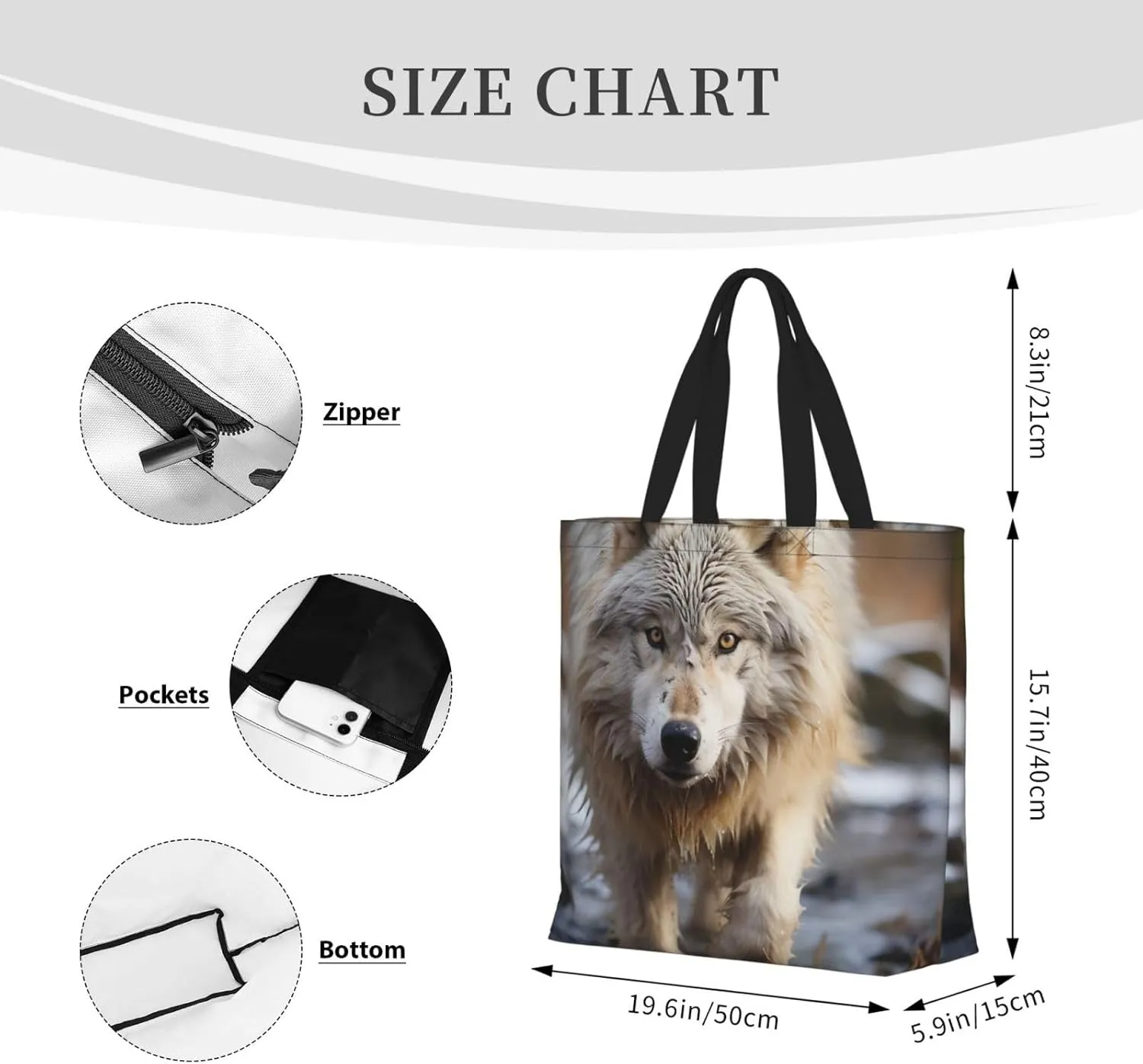 Tote Bag Large Capacity Grocery Bag With Zipper Wolf in Winter Shopping Bag Shoulder Bag for Women