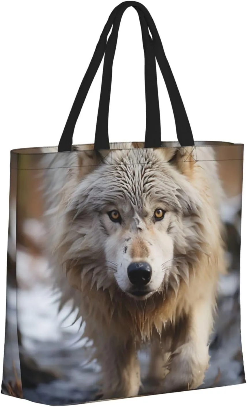 Tote Bag Large Capacity Grocery Bag With Zipper Wolf in Winter Shopping Bag Shoulder Bag for Women