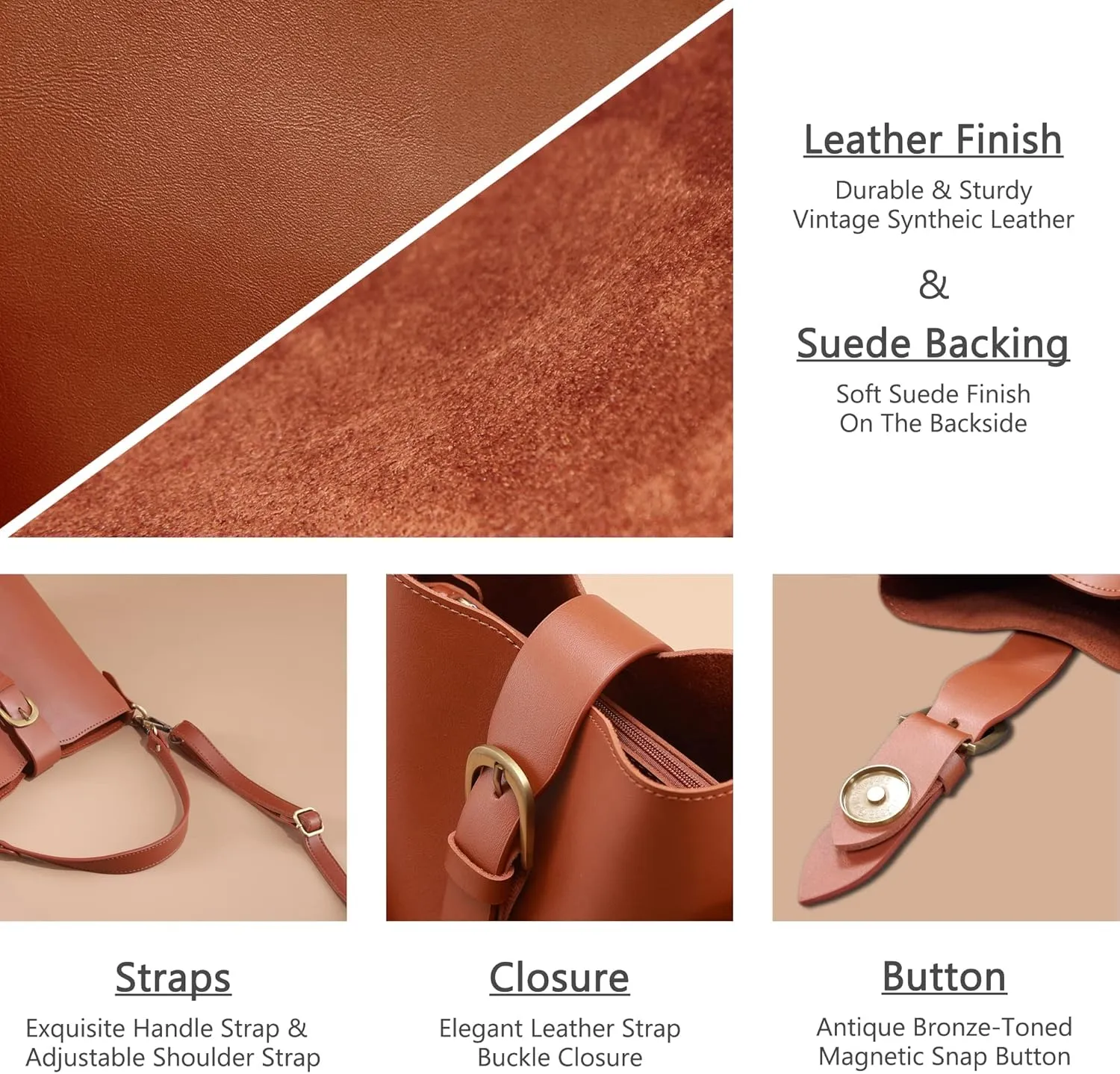 Town Bucket Vegan Leather Bag For Women Hobo Retro Faux Casual Purse Classic Vintage Simple Shoulder Handbag