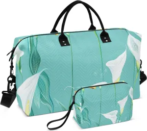 Travel Bag Weekender Duffel Bag Gym Tote Bag with Adjustable Strap for Hiking Foldable Chic Calla Lily Turquoise Floral Flower