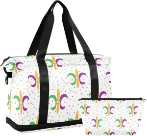 Travel Duffel Bag for Women Men Carnival with Fleur-de-lis Weekender Overnight Bags with Shoe Compartments Mardi Gras Gym Duffel Bag with Toiletry Bag for Travel Sport Yoga 17 Inch