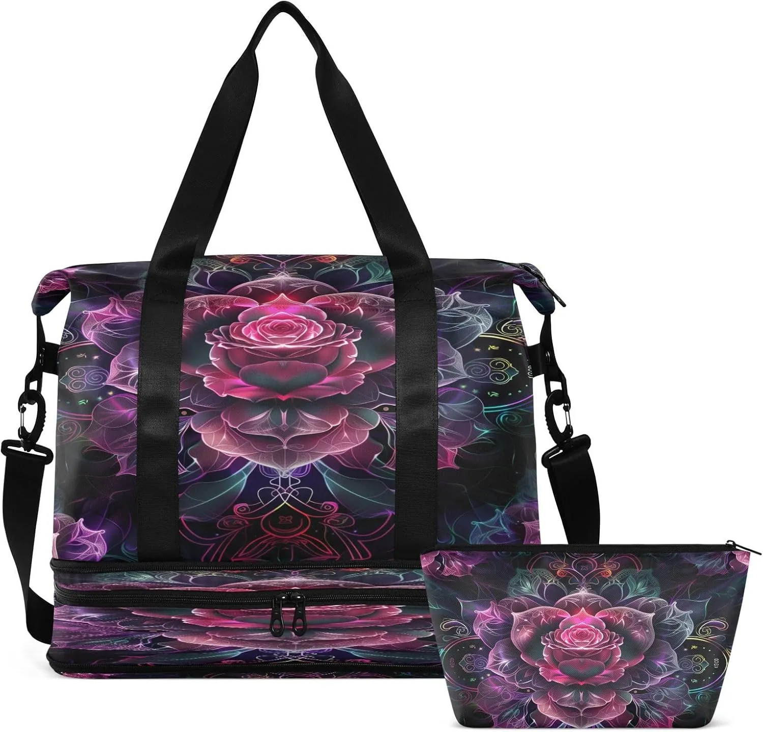 Travel Duffel Bag Gothic and Lace Rose Gym Duffel Bag for Men & Women with Shoe & Wet Compartment Shoulder Weekender Overnight Bag
