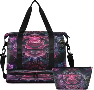 Travel Duffel Bag Gothic and Lace Rose Gym Duffel Bag for Men & Women with Shoe & Wet Compartment Shoulder Weekender Overnight Bag