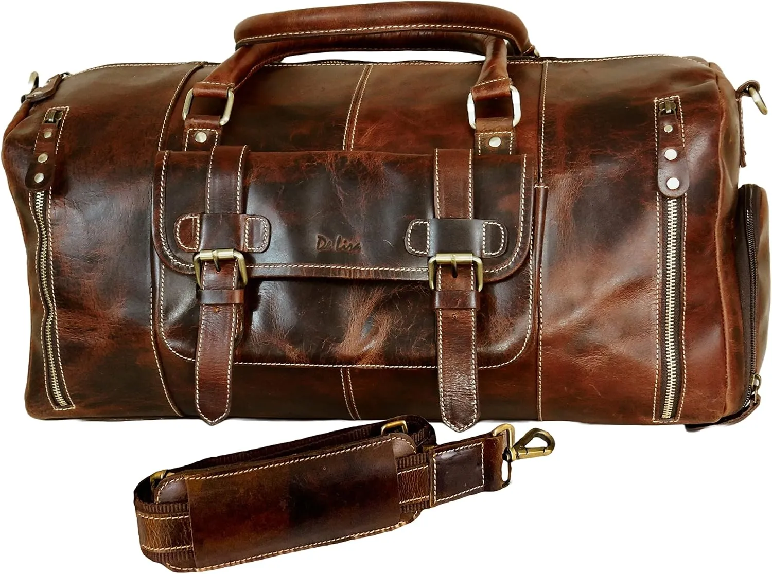 Travel Duffel Bag Leather Mens and Womens by De Lira, Carry-On Duffle Full Grain Leather Bag 21 x 11 x 10 Inches.