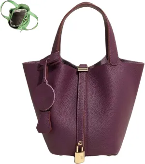 Trendy Plain Color Leather Handbag with Lock Design, Stylish Lock Design Bucket Bags, Leather Handbags for Women