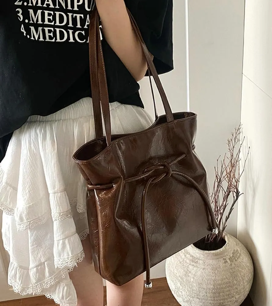 Trendy Pleated Tote PU Leather Purse Underarm Hobo Handbag Bag Drawstring Shoulder Bag for women 2025