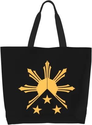 Tribal Philippines Filipino Sun and Stars Flag Canvas Tote Bags for Women, Ladies Shoulder Handbags Large Purse Lightweight Foldable Reusable Shopping Bag with Pockets for Work, Travel, 15.7x19.7in